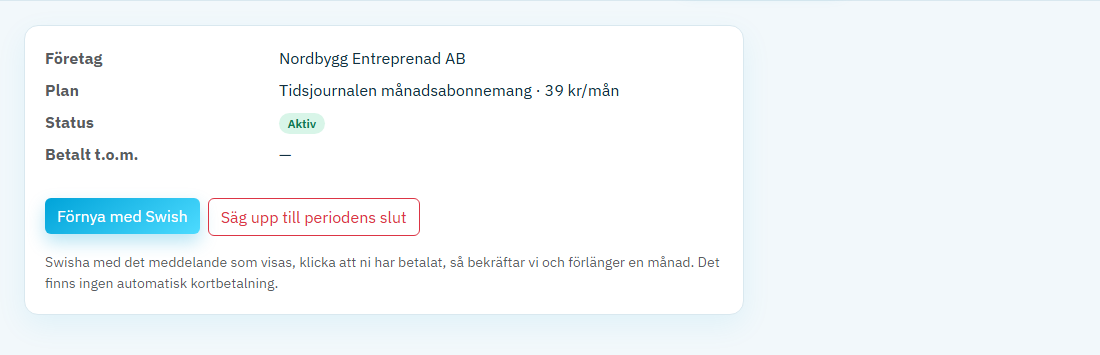 Kontosidan med abonnemang och förnyelse