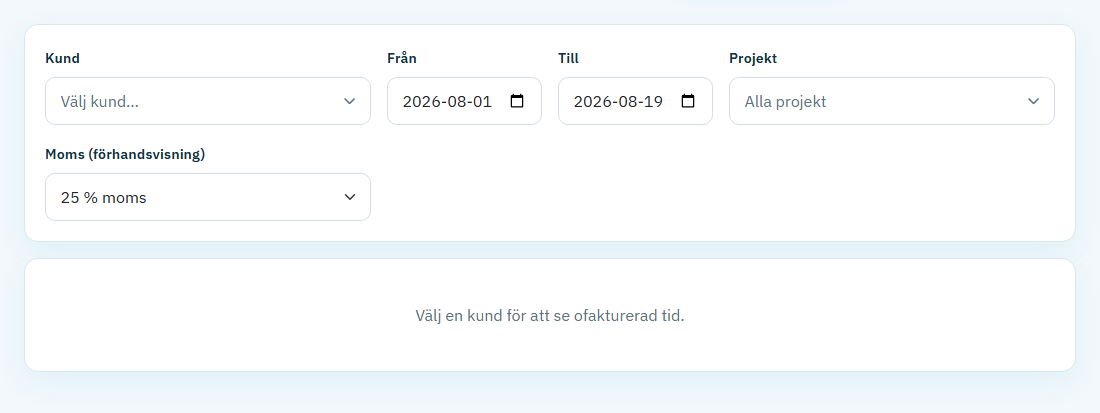Skapa ny faktura med kund och period
