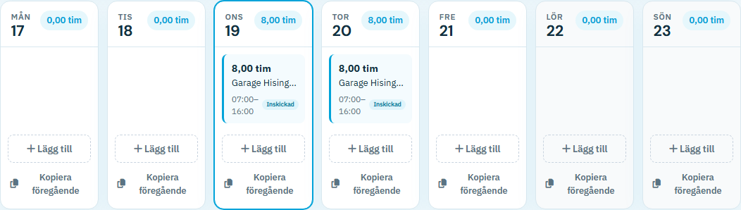 Kalendervy med veckans dagar och rapporterade timmar
