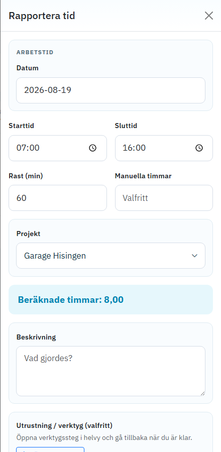Formulär för ny tidrapport med projekt och tider