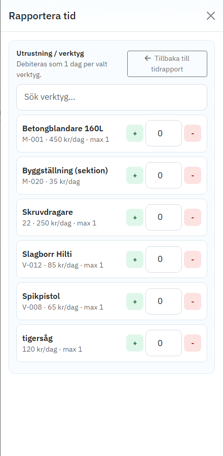 Verktygssteget i tidrapporten med sök och antalsknappar